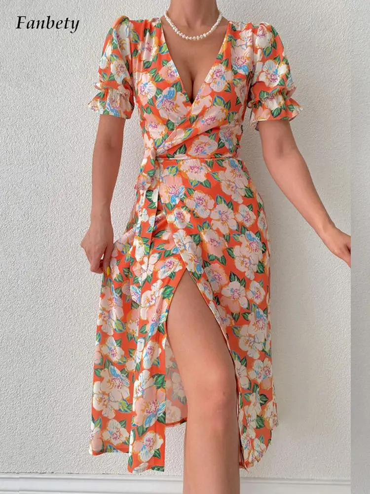 

Elegant Puff Sleeve Women Beach Dresses 2022 Summer Vintage Floral Printed V-Neck Sexy Dress Femme Fashion Chic Midi Split Dress