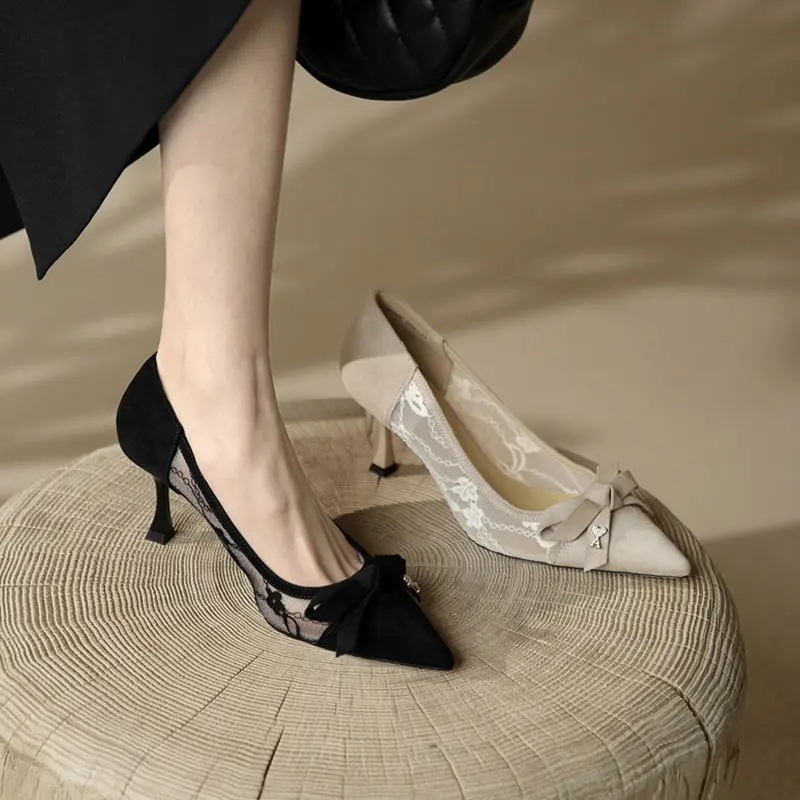 

FHANCHU 2023 весенние женские туфли на высоком каблуке, модные сексуальные кружевные туфли, с острым носком, туфли-лодочки с бантиком, слипоны, с глубоким вырезом, персиковые, черные, Прямая поставка