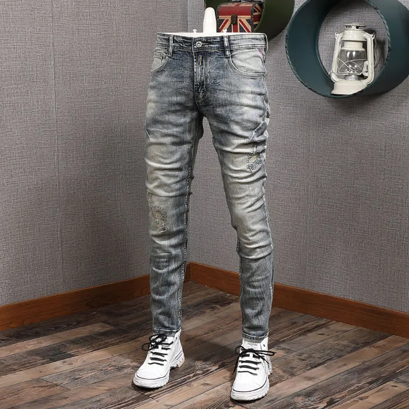 Fashion Vintage Men Jeans Retro Washed Gray Blue Elastic Slim Fit Ripped Jeans Men Trendy Patched Designer Denim Pants Hombre