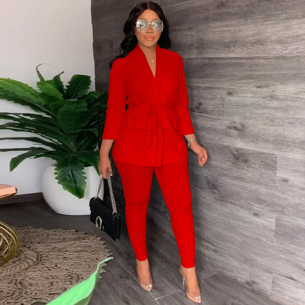 

Autun Casual Two Piece Set African Woen Fashion Solid V-Neck Lace-up Shirt Tight Pants Two-piece Suit Woen
