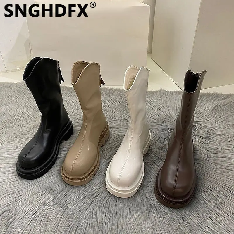 

Boots Women's Platform Short Chunky PU Leather Party Mid Calf Shoes Ladies British Style Zipper Casual Female Spring Autumn New