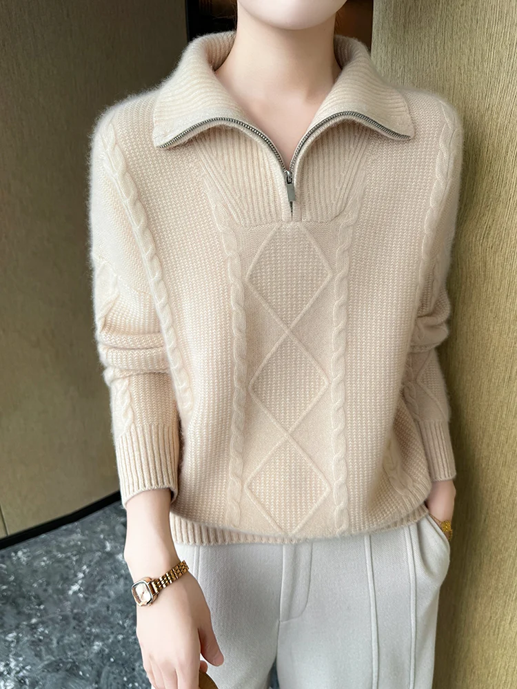 Утепленный кашемировый свитер Baby Hill в стиле ретро женский вязаный с полумолнией