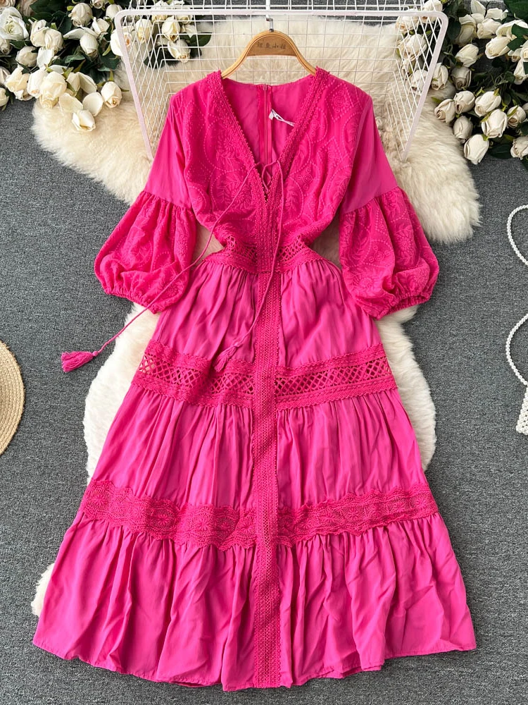 

Aibeautyer New Casual Summer Solid Slim Full Lady Dress A Line V Neck Chiffon Mid-Calf High Waist Pullover Women Dresses