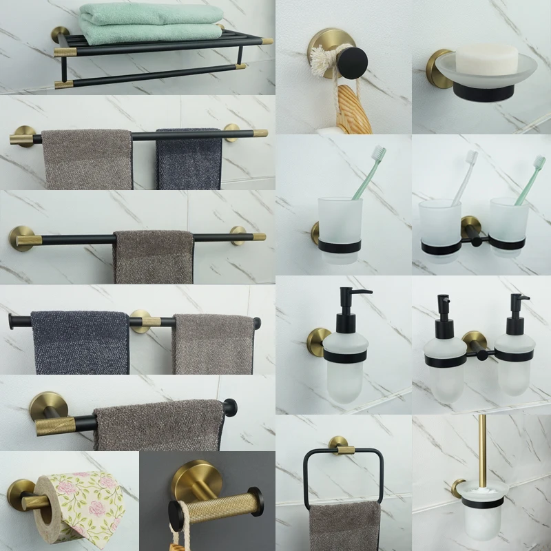 

Black Brushed Gold Stainless Steel Bathroom Towel Rack Toilet Paper Holder Cup Soap Holder Towel Bar Hooks Bathroom Accessories