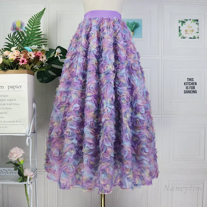 2023 Spring Summer New Gradient Colorful Rose Flower Three-Dimensional Embroidered Tulle Skirt Women Super Romantic Fairy Skirts