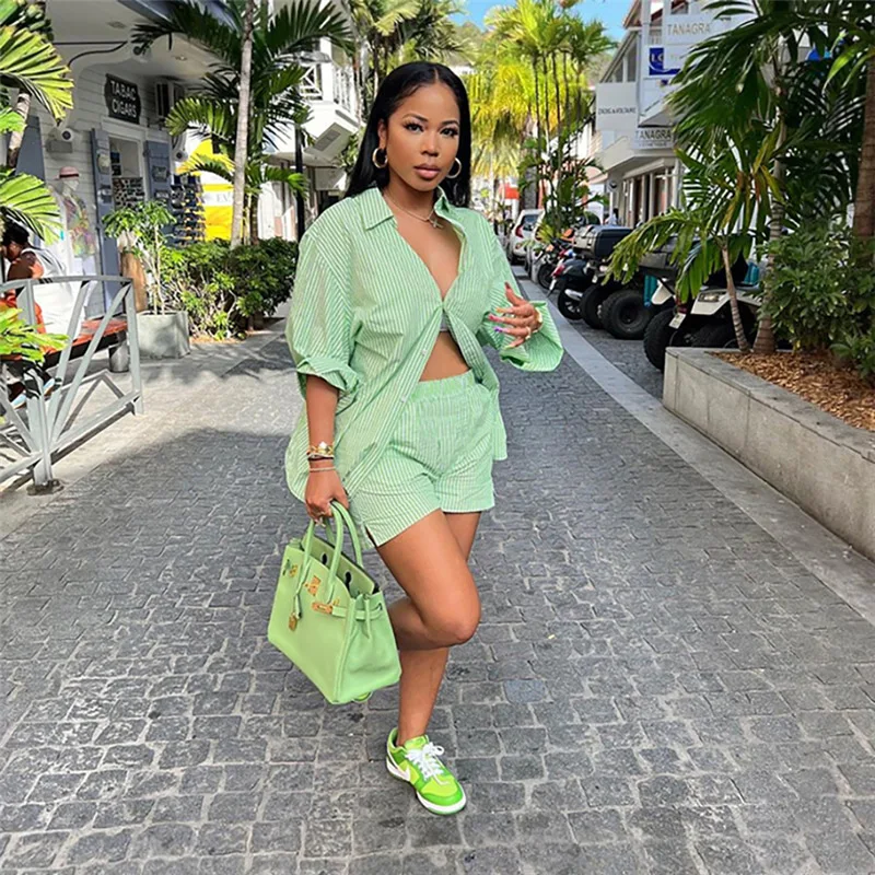 Shirt + Short Pants Sportsuit Matching Set Streetwear Clothes For Women Outfit Casaul Women Striped Two Piece Set