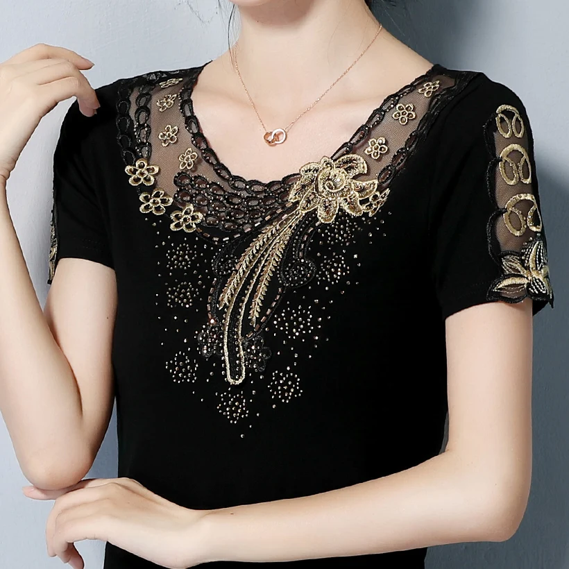 

4XL Plus Size Women's shirt Fashion Short Sleeve Summer Tops Elegant Slim Embroidered Diamond T-Shirt Lady Tees Blusas