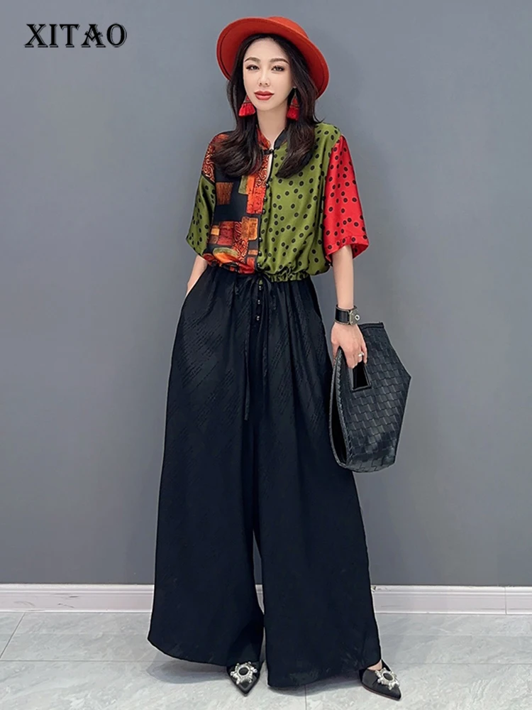 

XITAO Loose Patchwork Jumpsuit Temperament Trend Waist Retraction Appear Thin Women Summer Print Wide Leg Pants HQQ1387