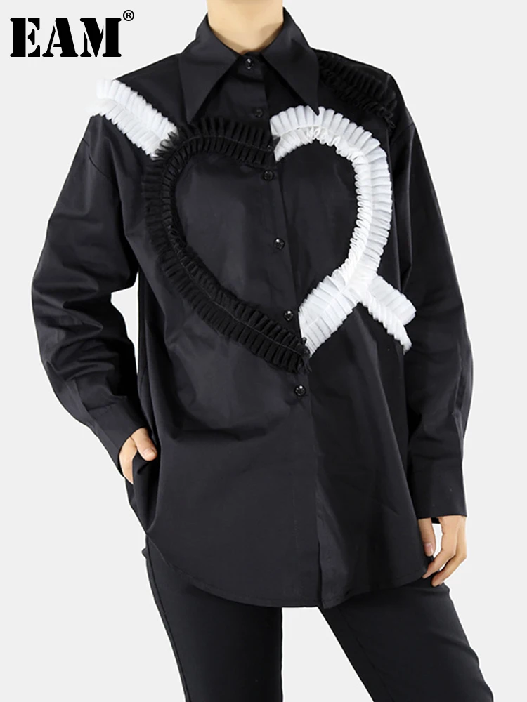 

[EAM] Women Black Color-block Ruffles Big Size Blouse New Lapel Long Sleeve Loose Fit Shirt Fashion Spring Autumn 2022 1DE6235