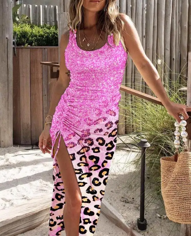 

Женское платье с U-образным вырезом, розовое контрастное Повседневное платье в рубчик с разрезом и леопардовым принтом, модель Y2K на лето, 2023