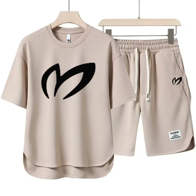Summer New Men's Two Piece T-shirt+Shorts Sportswear Fashion Print Loose Harajuku Style Street Apparel Casual Golf Set