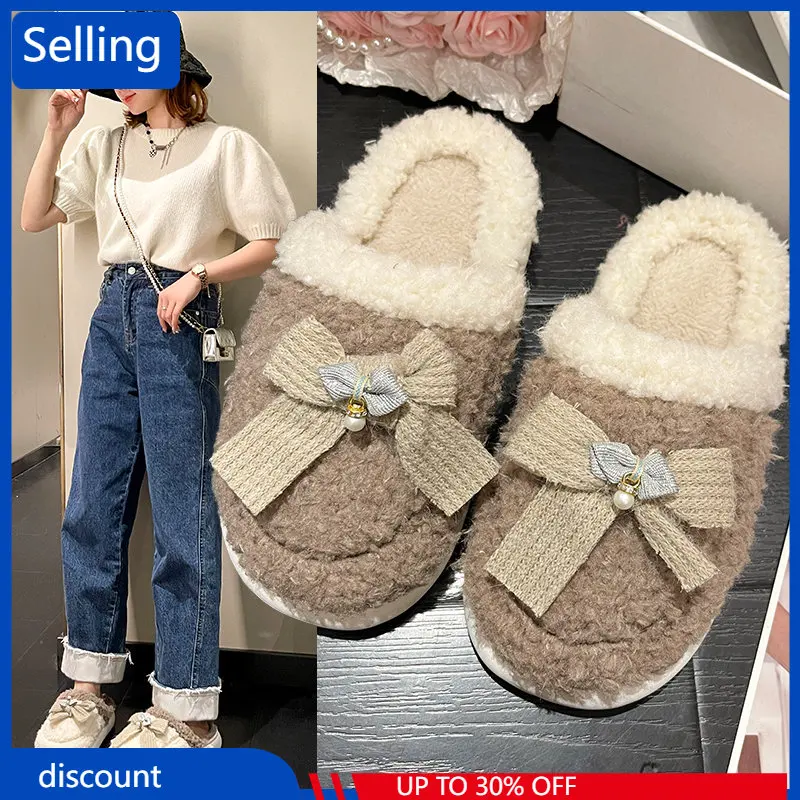 

Autumn Winter 2023 New Style Thick Soled Home Fashion Baotou Color Matching Bow Knot Household Warm Cotton Slippers for Women