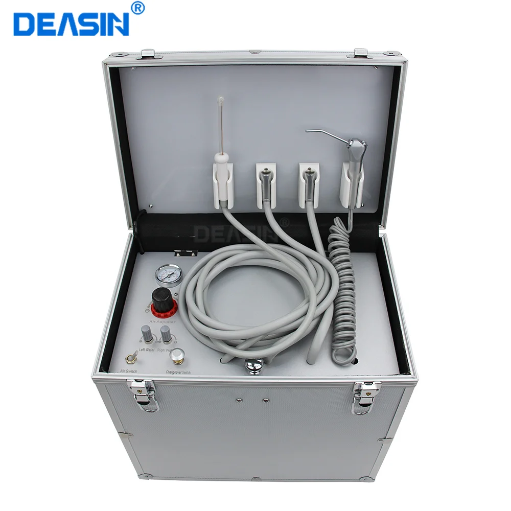 

Portable Dental Unit with High and low speed HP Pipe,3 Way Syringe, Oilless Air Compressor, Water bottle, Foot Control