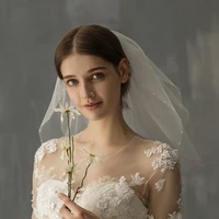 v627 elegant wedding bridal white short pearls veils two layer soft tulle cut edge bride shoulder veil women wed accessories