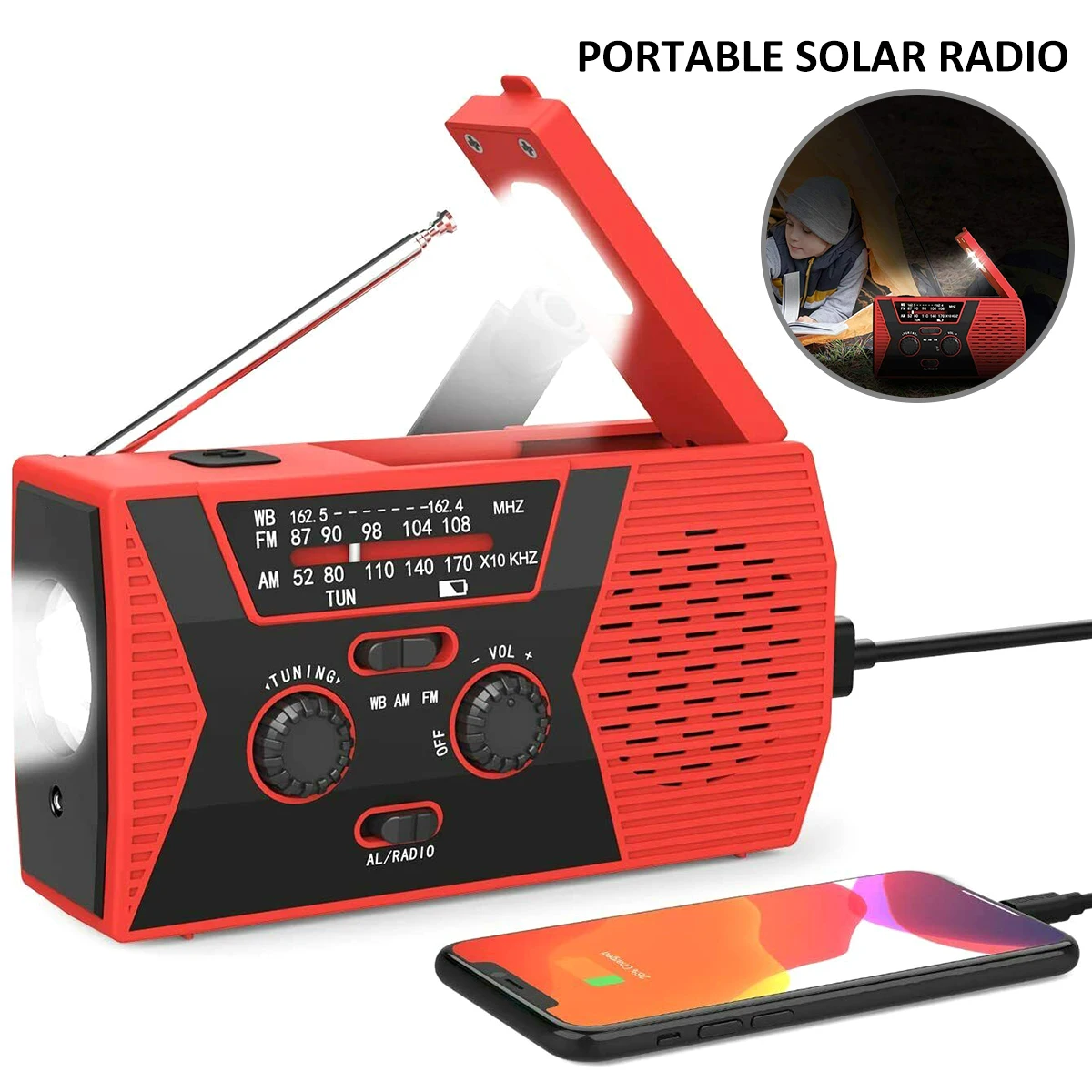 

Solar Powered Emergency Radio with Flashlight USB Rechargeable 2000mAh Battery for Phone Charging Emergency Light for Outdoor