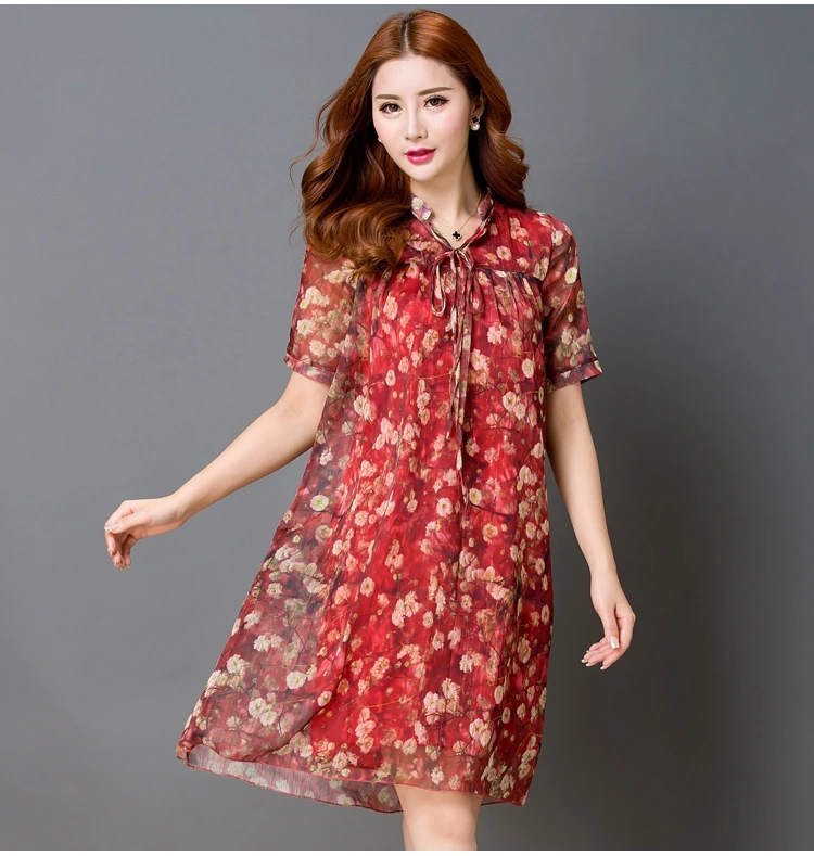 Summer 2024 Korean Sle Plus size Loose Slimming Print Mid-Length Short sleeve Bright Silk Chiffon Dress Beach Skirt Women F... |