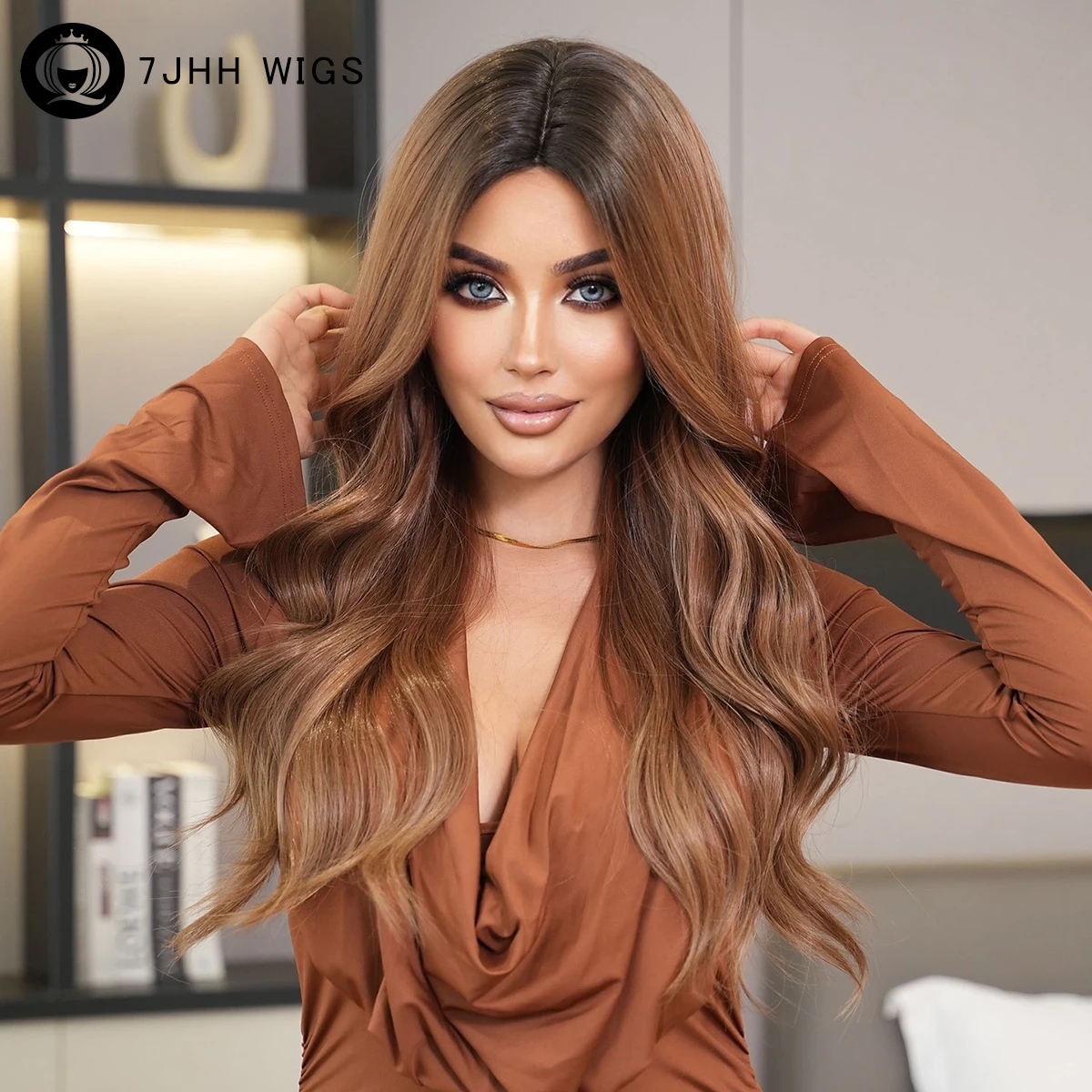 7JHH парики высокого качества синтетические средней части водяные волны