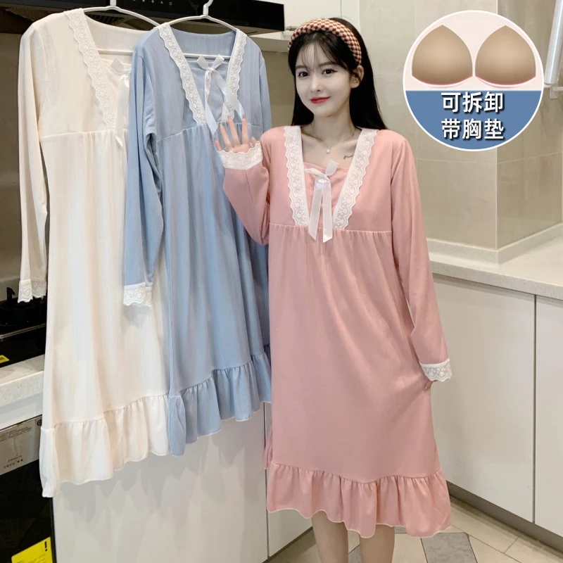 

2022 Autumn Plus Size Cotton Long Sleeve V-neck Nightgowns for Women Long Dress Sleepwear Night Dress Homewear Nightdress Nighty
