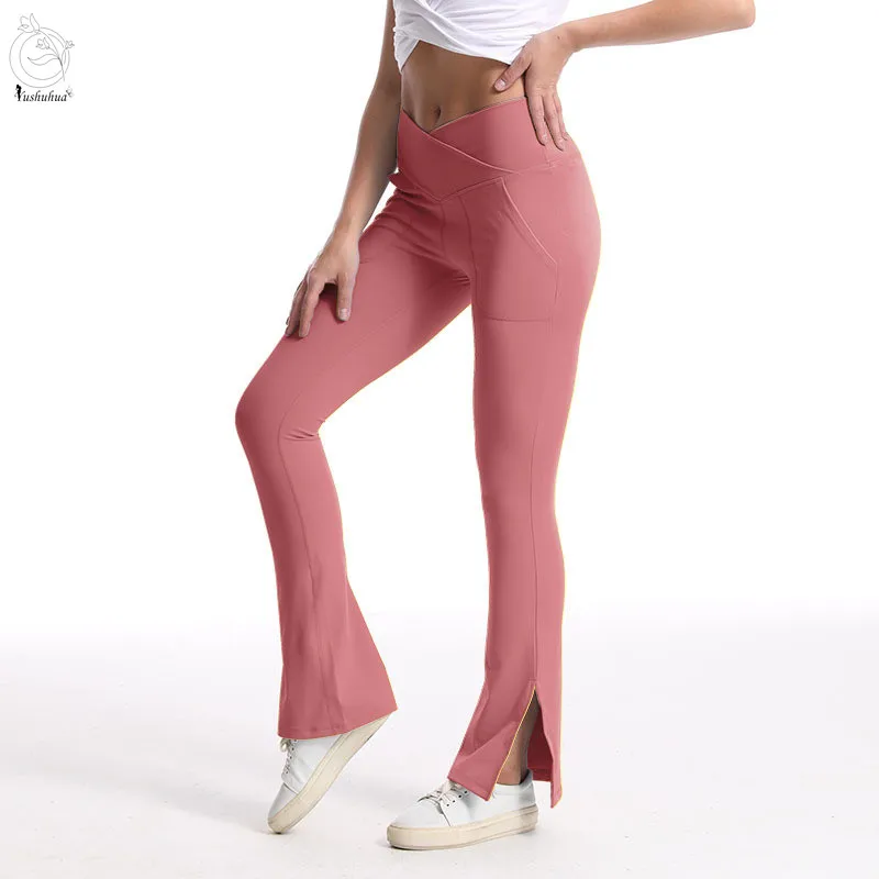 

Yushuhua V Waist Tummy Control Dance Yoga Gym Wide Leg Pants Plus Size Women Sports Fitness Workout Pocket Split Flare Leggings