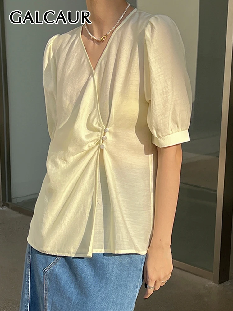

GALCAUR Slim Shirt For Women V Neck Short Sleeve Solid Minimalist Summer Blouses Female Fashion Clothing Summer New 2022 Style