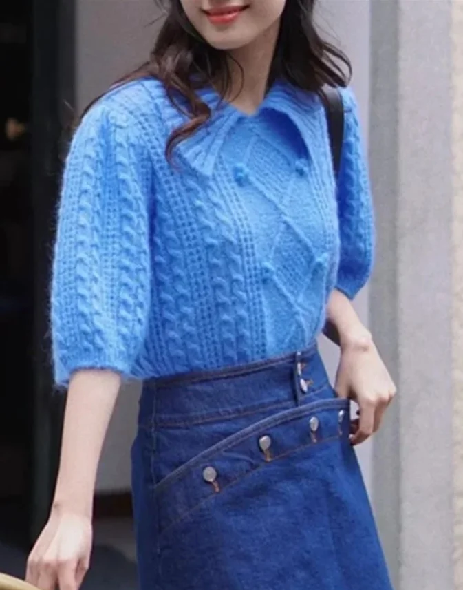 

Women Sweater Turn-down Collar Solid Color Puff Short Sleeve Slim Fit Tops Sweet