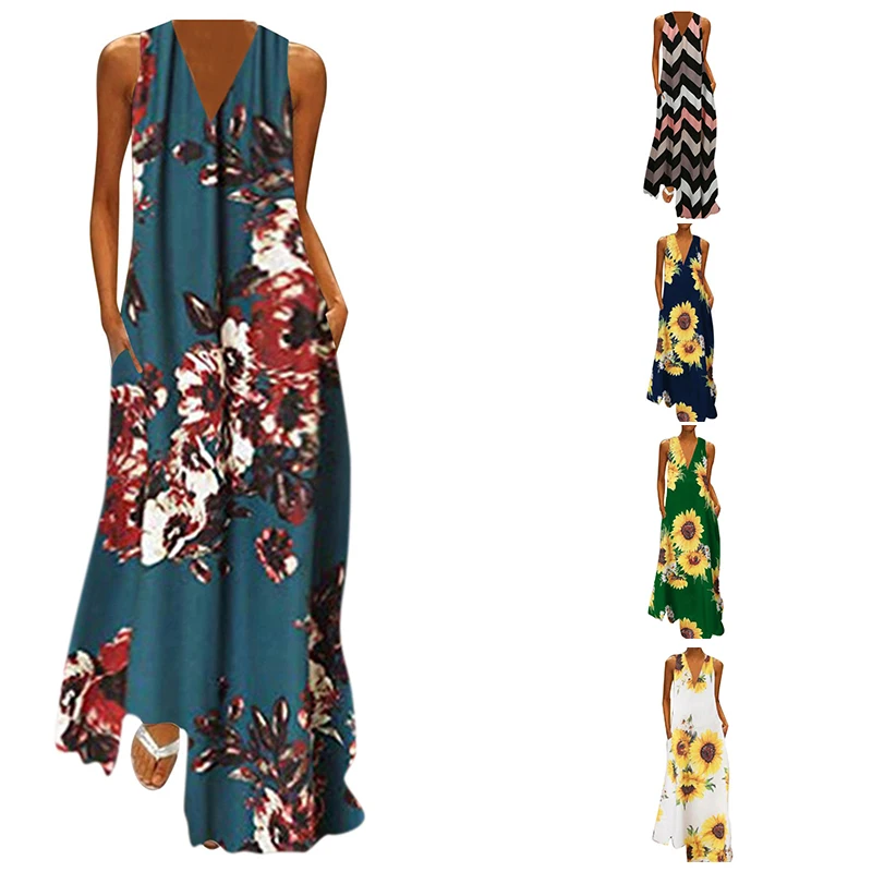 

2022 New Women's Summer Dresses Female Casual Sleeveless V-Neck Party Long Dress Ladies Flower Printed Vintage Beach Dress
