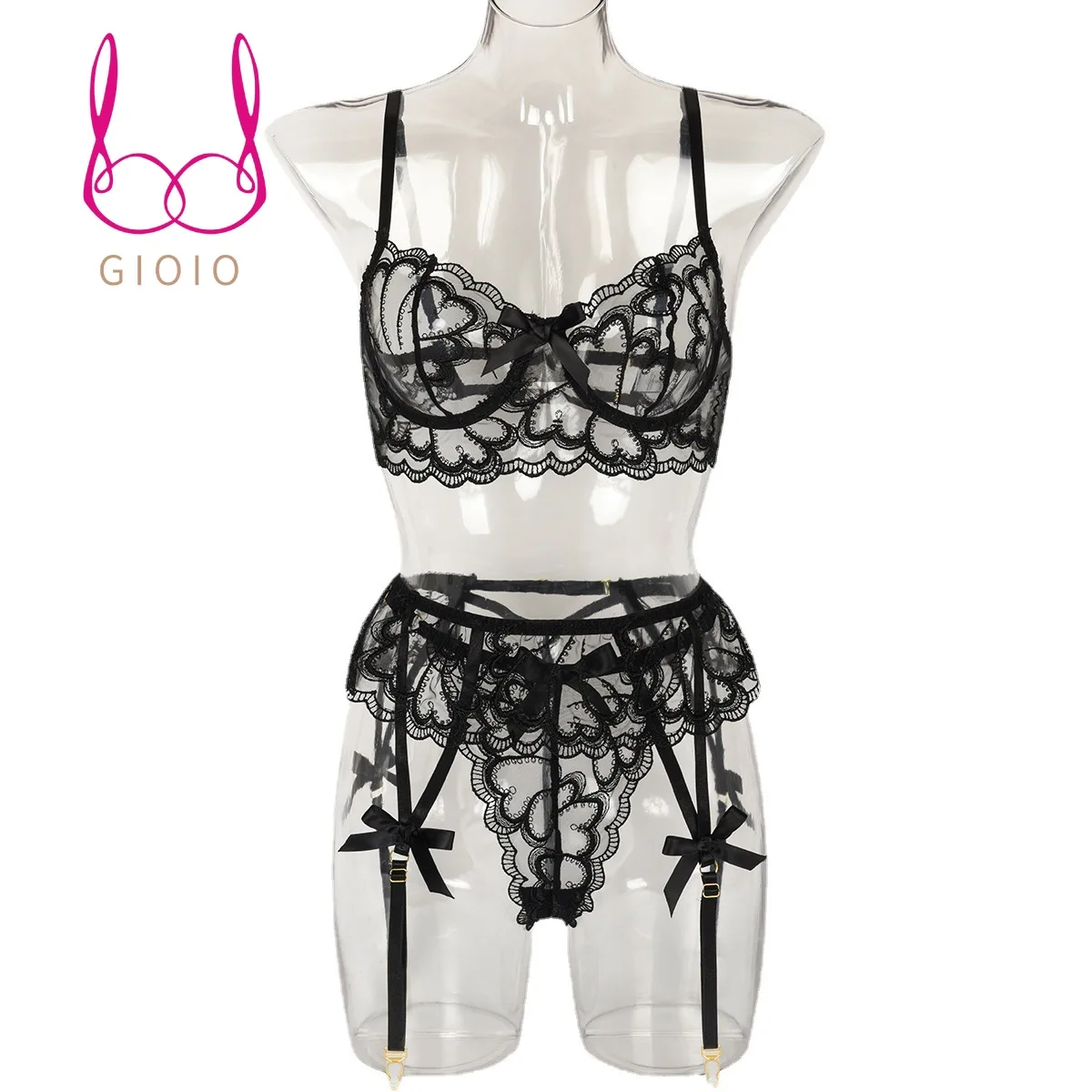 

Чувственное нижнее белье с вышивкой из трех частей, прозрачный бюстгальтер, трусики, сексуальный костюм, кружевное нижнее белье, комплект с ...