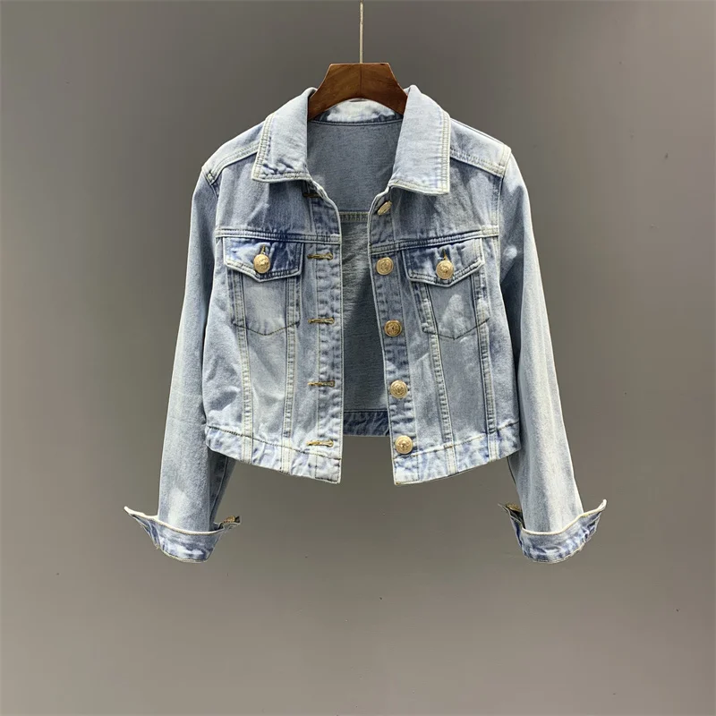 Весенне-осенняя винтажная синяя тонкая короткая джинсовая куртка женская