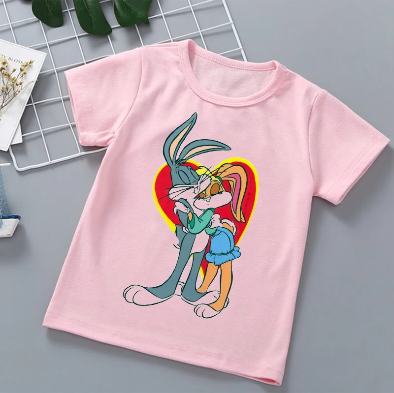 

2022 New Anime Clothes Cartoon Space Jam Basketball Graphic Print Children's Tshirt High-quality Girl Clothes Pink Shirt Tops