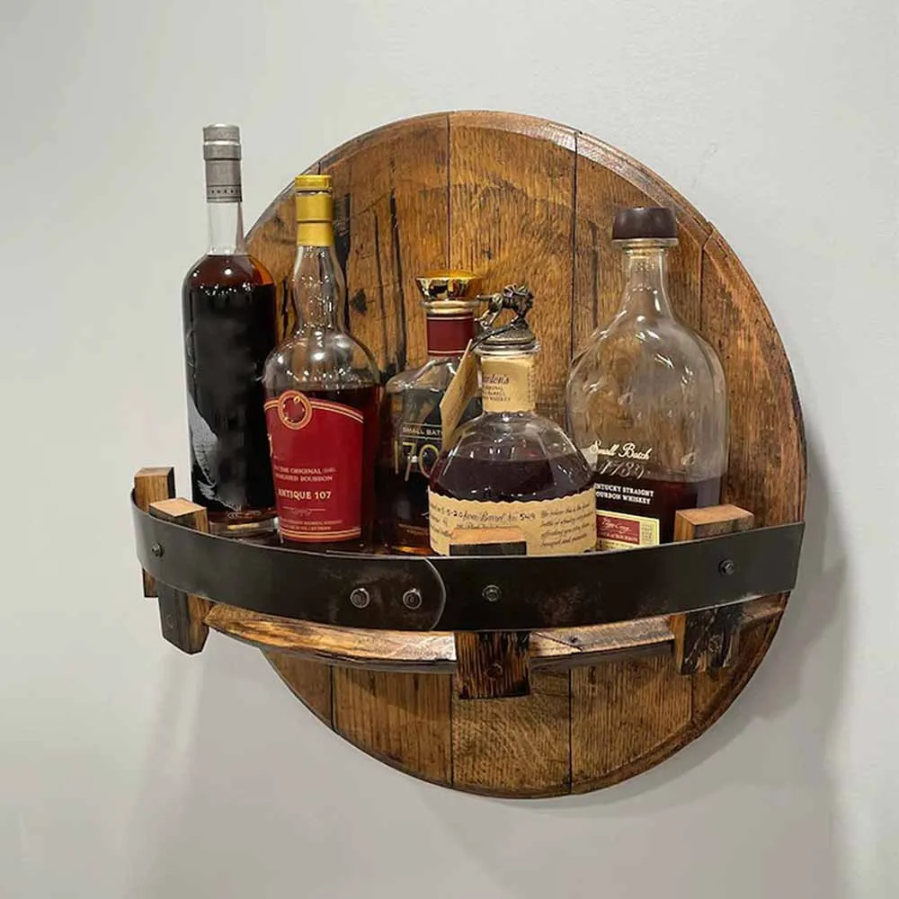

Hand Crafted Liquor Bottle Display Wall Mounted Wine Rack Wine Bottle Holder Vintage Round Wine Shelf for Wall Whiskey Display