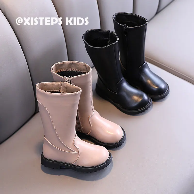

Princess Girls Pink Black Leather Boots Non-slip Toddler Winter Mid-calf Fashion Boots with Warm Fleece Zip Up Botas Girl Shoes