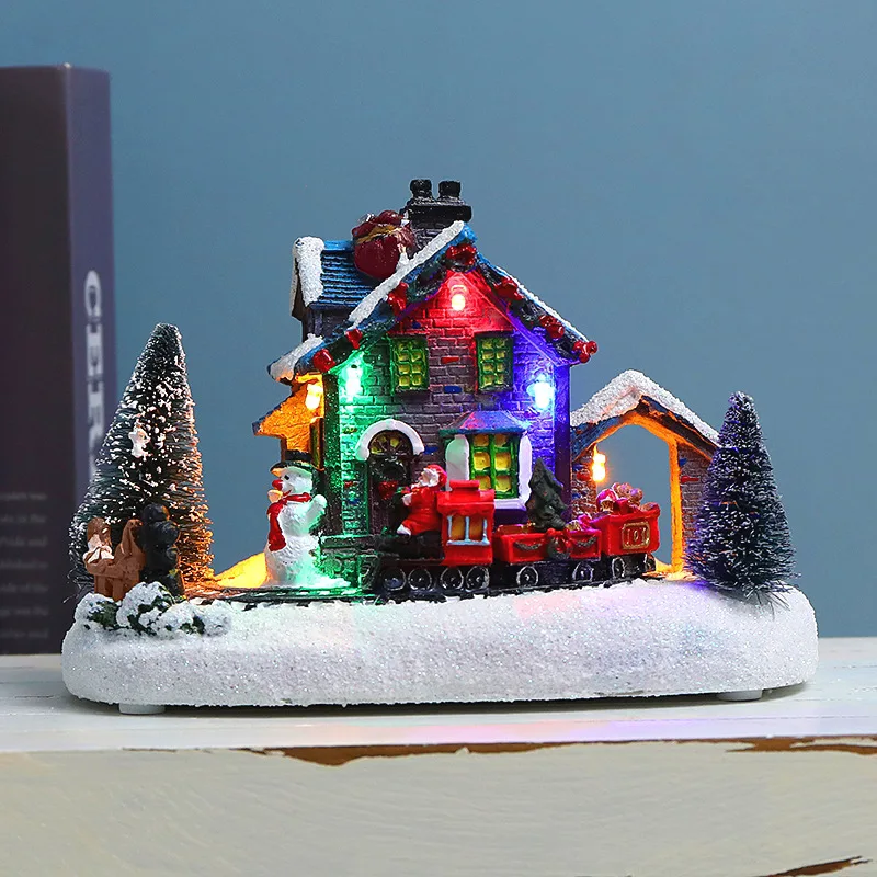 

Рождественская деревня маленького поезда, снежный дом, светящийся орнамент из смолы, цвет светодиодный, музыкальный пейзаж, настольное украшение, подарки