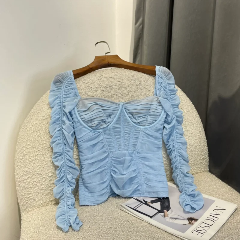 

Original Sky Blue Elegant Tops for Women 2022 Fall New Arrival Full Body Pleated Square Collar Vintage Slim Blouse Ladies