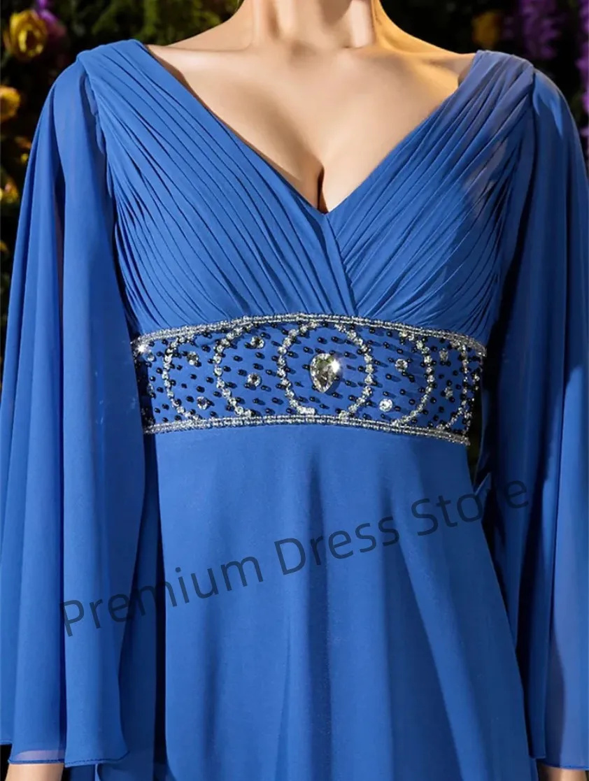 

Элегантные Синие шифоновые платья а-силуэта для выпускного вечера, женское вечернее платье с V-образным вырезом в пол, официальное строгое платье/искусственное платье