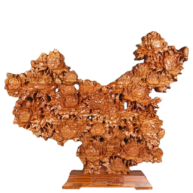

Peach Wood Carving Map Ornaments Peony Flowers Blooming Rich Home Ornament Crafts