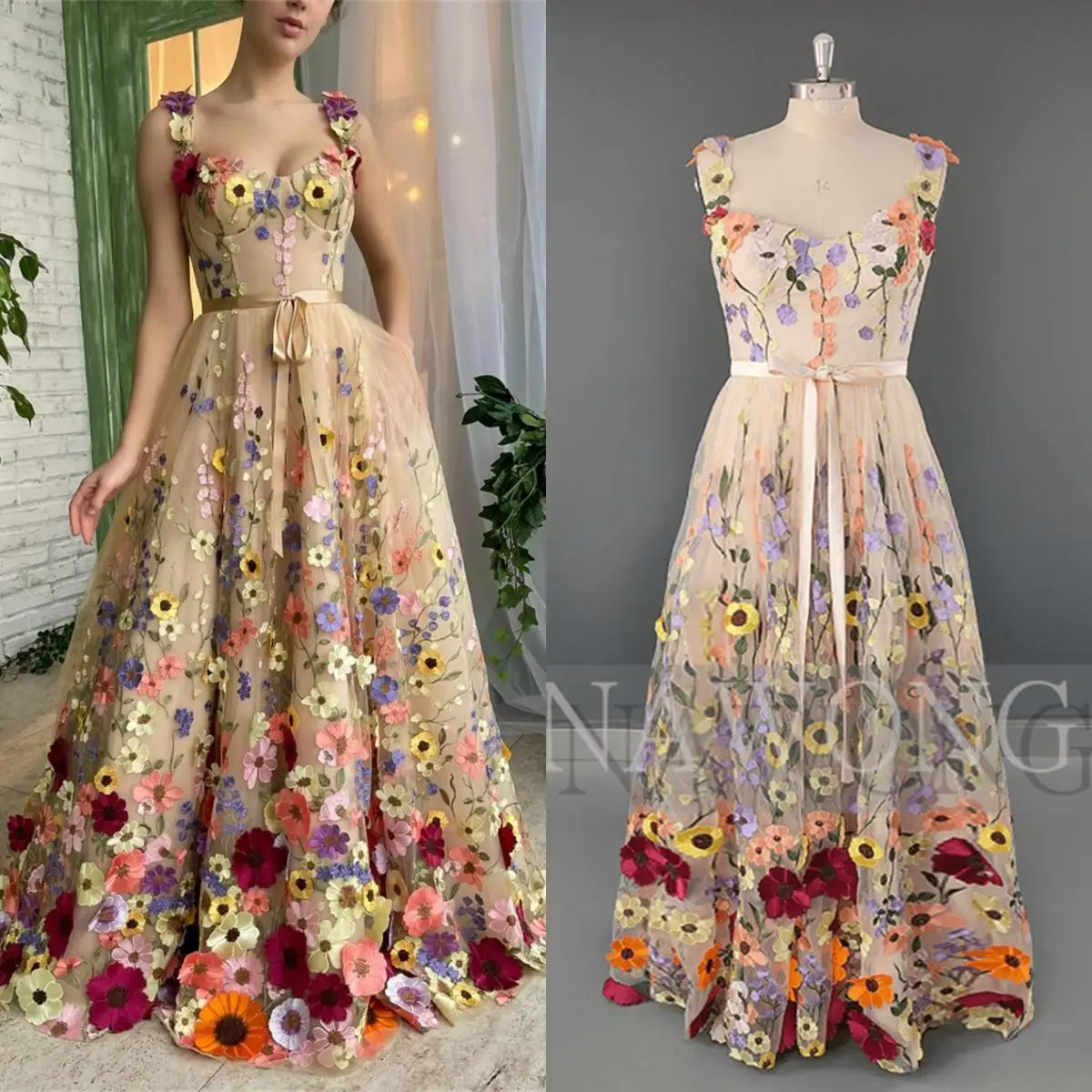 

14655#Moroccan Modern Prom Dress 3D Flowers A-line Spaghetti Straps Tulle Appliques Robe De Soiree Prom Gown Mato Evening Dress