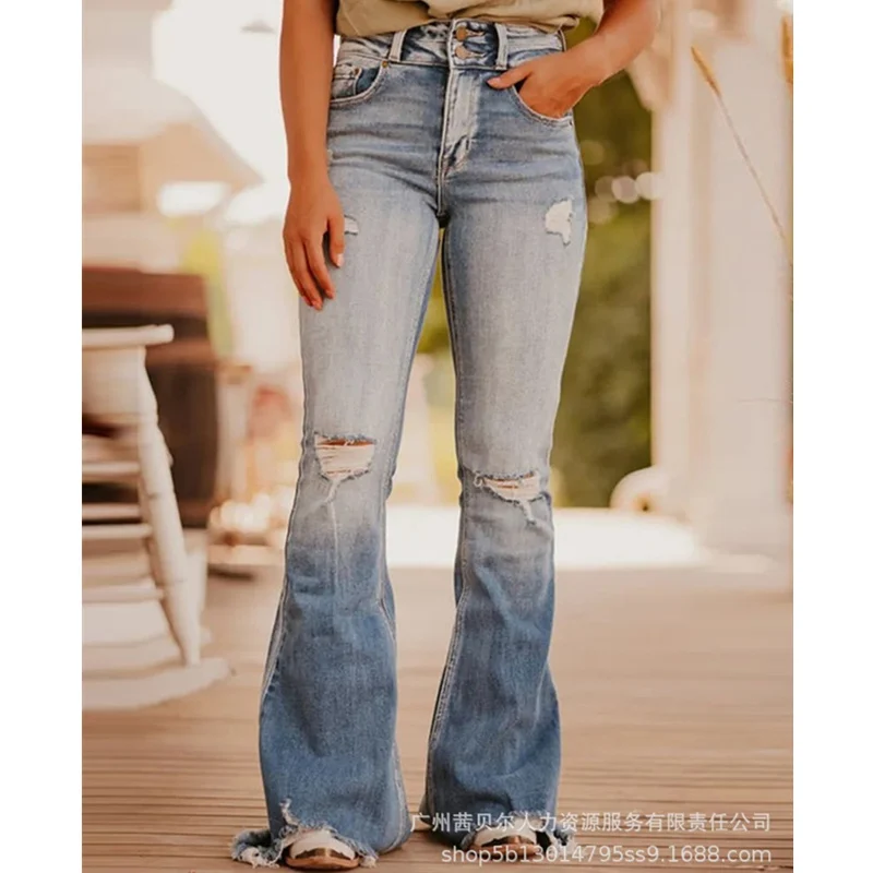 

Mandylandy Zipper Fly Ripped Raw Hem Flared Leg Jeans Fashion Casual Vintage Women Hole Hip Lift Denim Pants