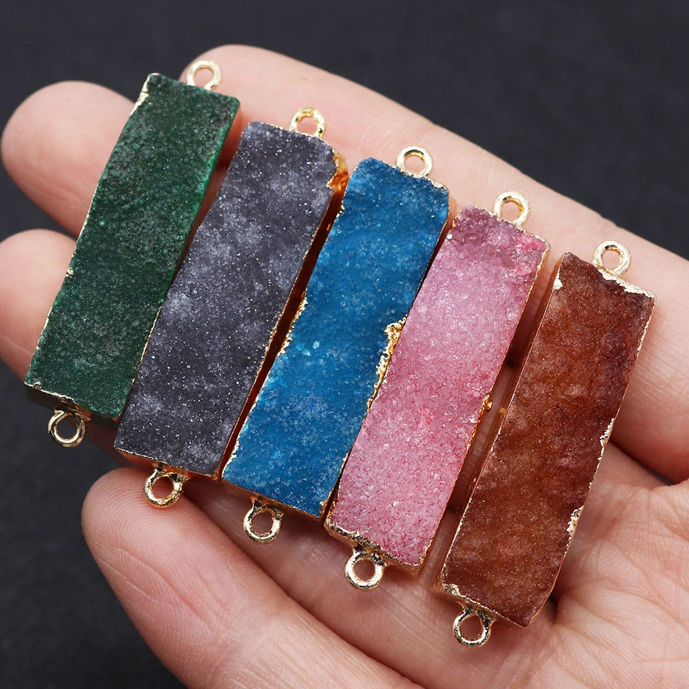 

Long Rectangle Druzy Crystal Natural Stone Pendant Charms Druzy Quartz Nugget Gem for Jewelry Making Necklace Two-hole Connector