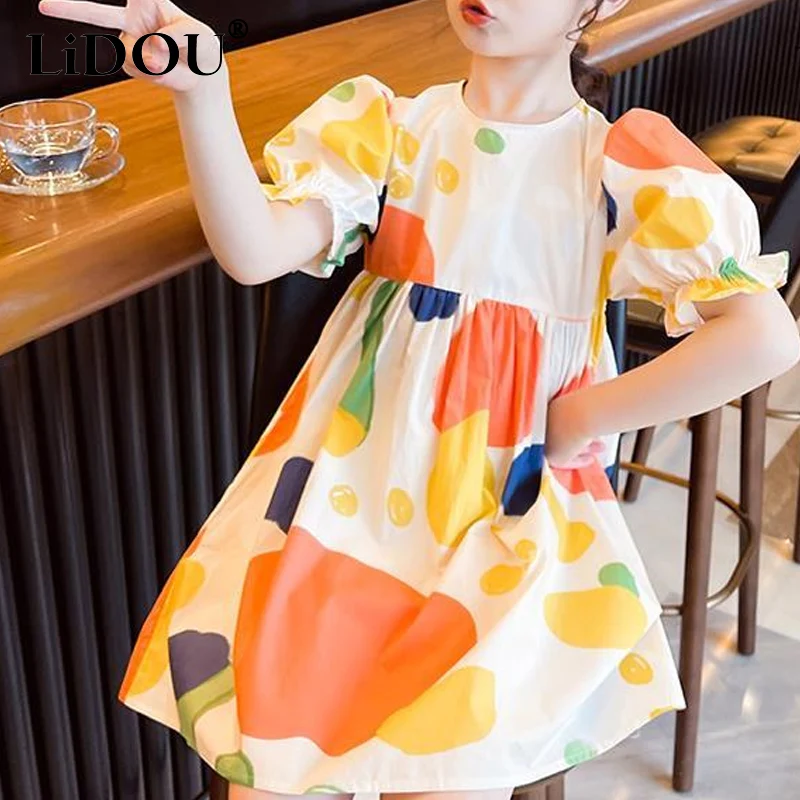 

2023 New Korean Fashion Chic Summer Dress Girls Vintage Loose Casual Aesthetic Chic Sweet Print Cute Kawaii Short Sleeve Robes