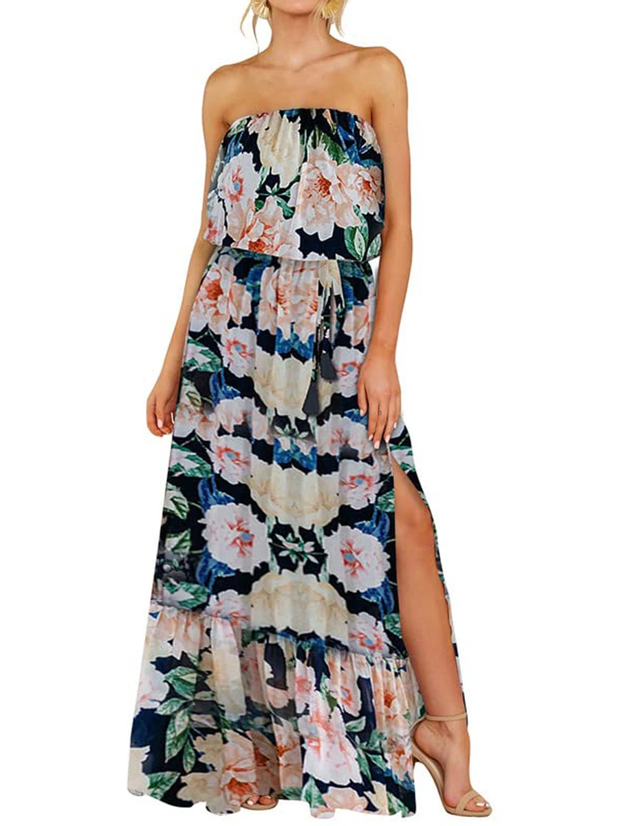 

Женское богемное длинное платье, летнее пляжное платье без рукавов с цветочным принтом и разрезом, женская уличная одежда