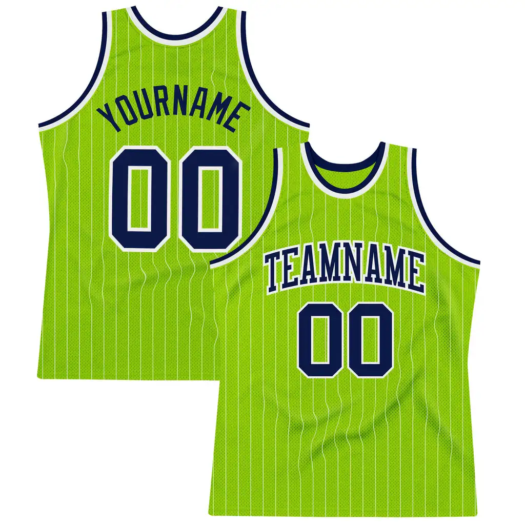 

Custom Neon Green White Pinstripe Navy-White Authentic Jersey T Shirt Design Basketball