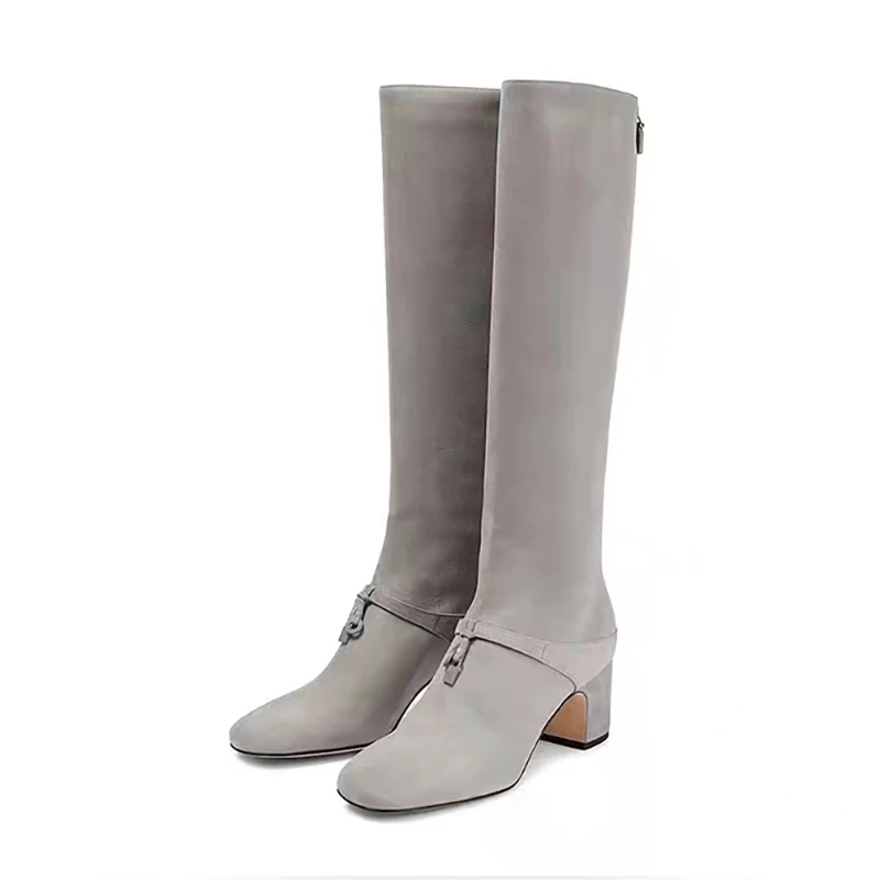 

Женские сапоги на высоком каблуке с круглым носком, Осень-зима 2023, новые эластичные сапоги выше колена из абрикосовой замши на толстом каблуке