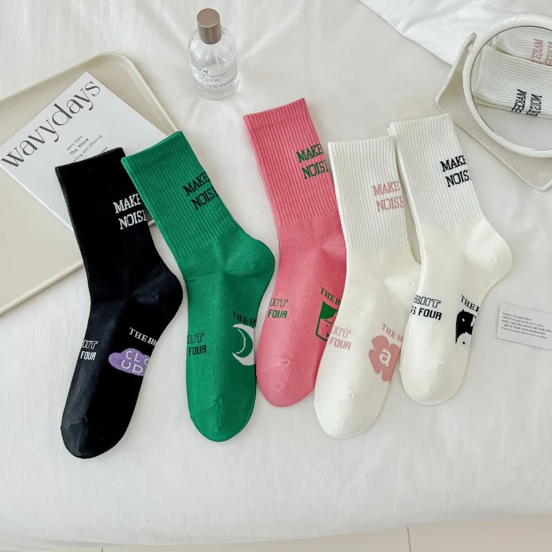 

Носки женские в Корейском стиле, забавные носки, уличные спортивные носки, черные, розовые хлопковые мужские длинные носки-трубы с принтом букв