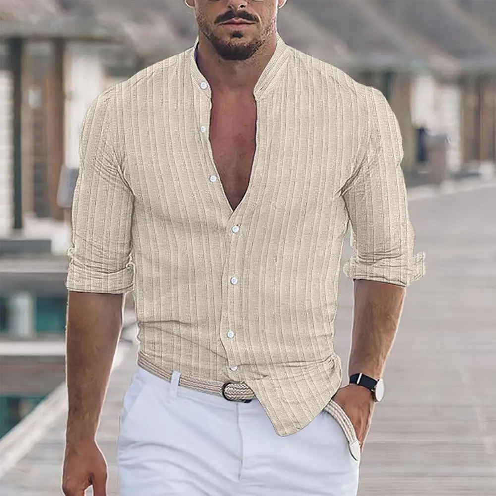 

Рубашка мужская с воротником-стойкой, деловая сорочка Slim Fit, дышащая мягкая с длинными рукавами, весна-осень