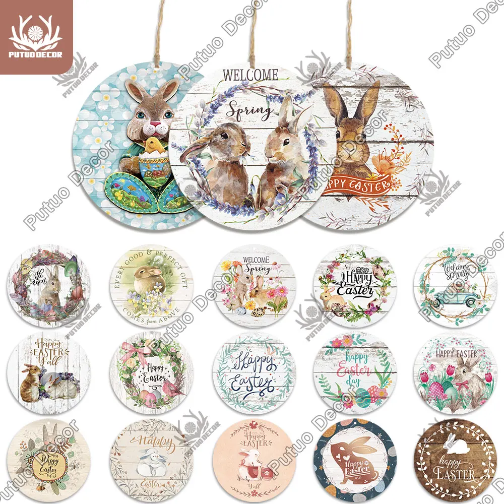 

Putuo Decor Easter Round Wooden Sign Rabbit Wall Plaque Wood Gift for Home Family Easter Theme Filled Eggs Hunt Party Door Decor