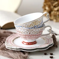 european embossed coffee cup saucer set blue creative dessert decker plates ceramic drinkware afternoon teapot teacup with spoon