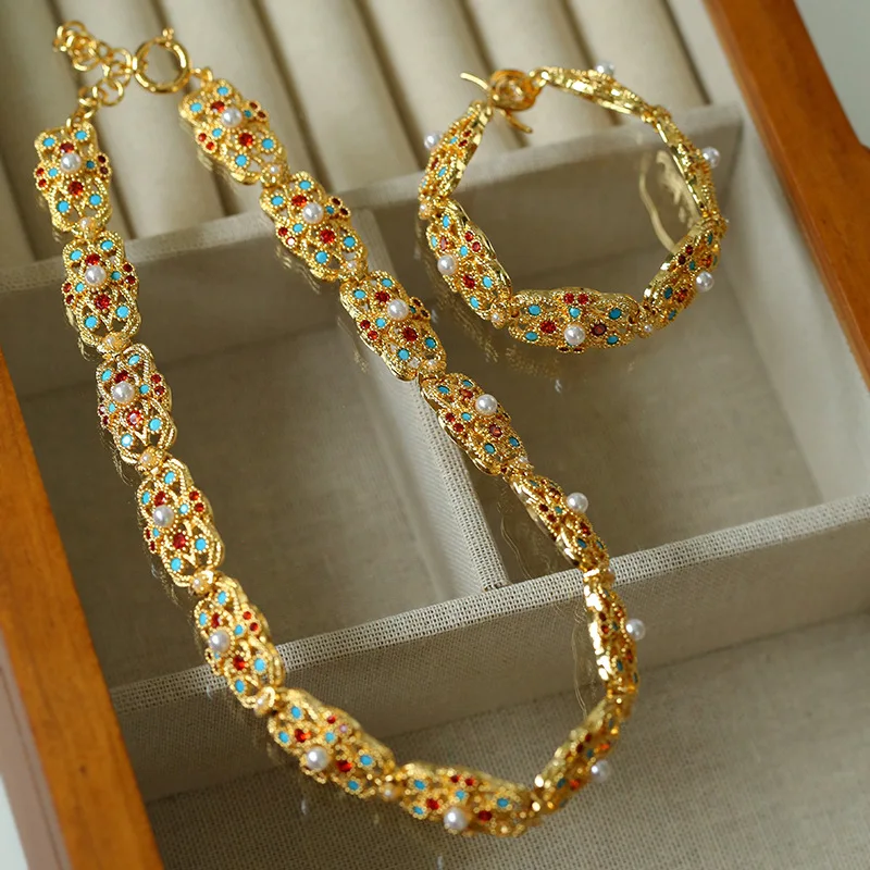 

Fashion Vintage Handcarved colorful gemstone Necklace Bracelet For women girl Jewelry Set Gift Party Jewelry wholesale