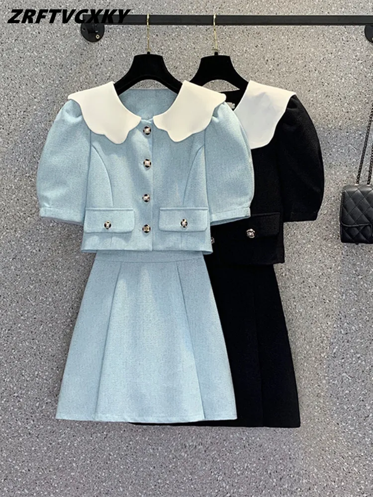 

High Quality Thin Tweed 2 Peice Sets Women Sweet Peter Pan Collar Short Jacket Coat + Mini Skirt Suits Summer Girls Casual Suits