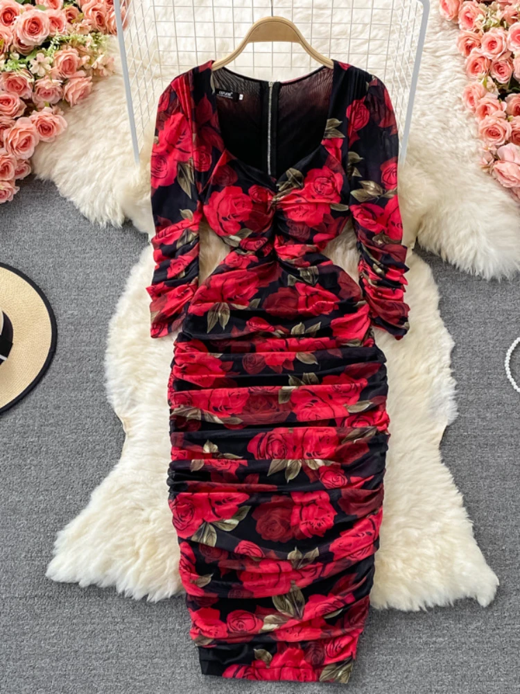 

Женское длинное облегающее платье с цветочным принтом, Элегантное повседневное модное офисное Сетчатое платье с квадратным вырезом и высокой талией для осени и зимы