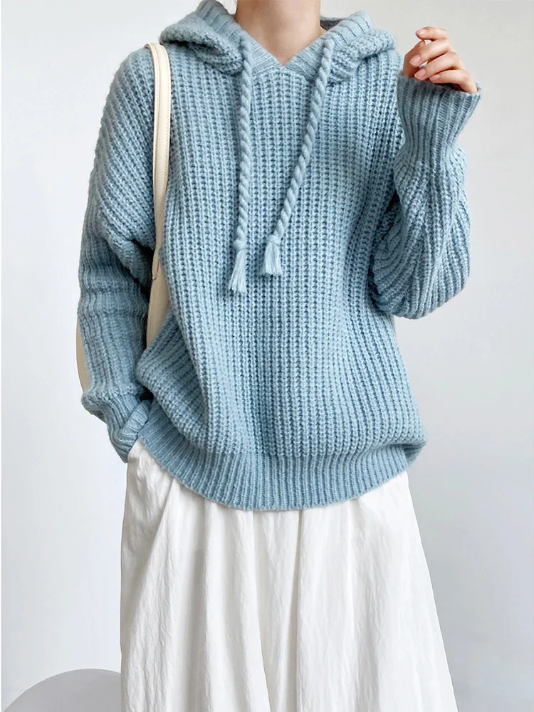 

Blue Big Size Knitting Sweater Loose Fit Hooded Long Sleeve Women Pullovers New Fashion Tide Autumn Winter 2022 C780